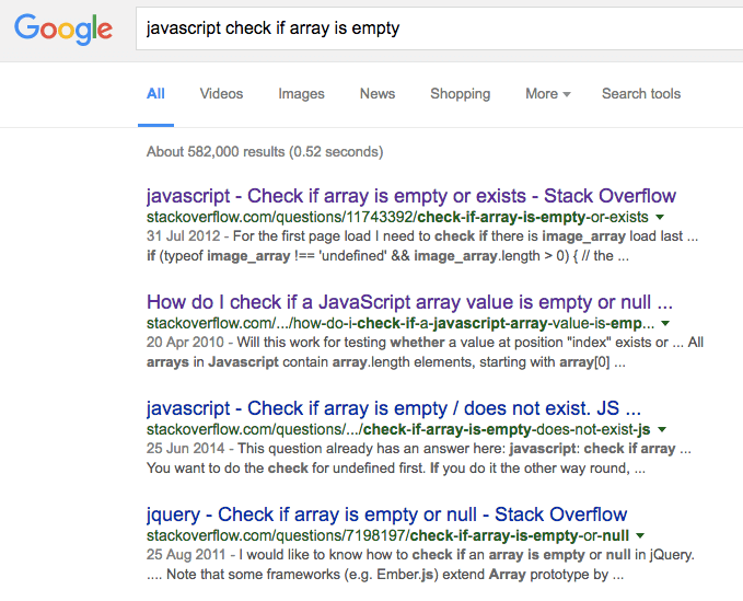 Google search results for checking if an Array in JavaScript is empty